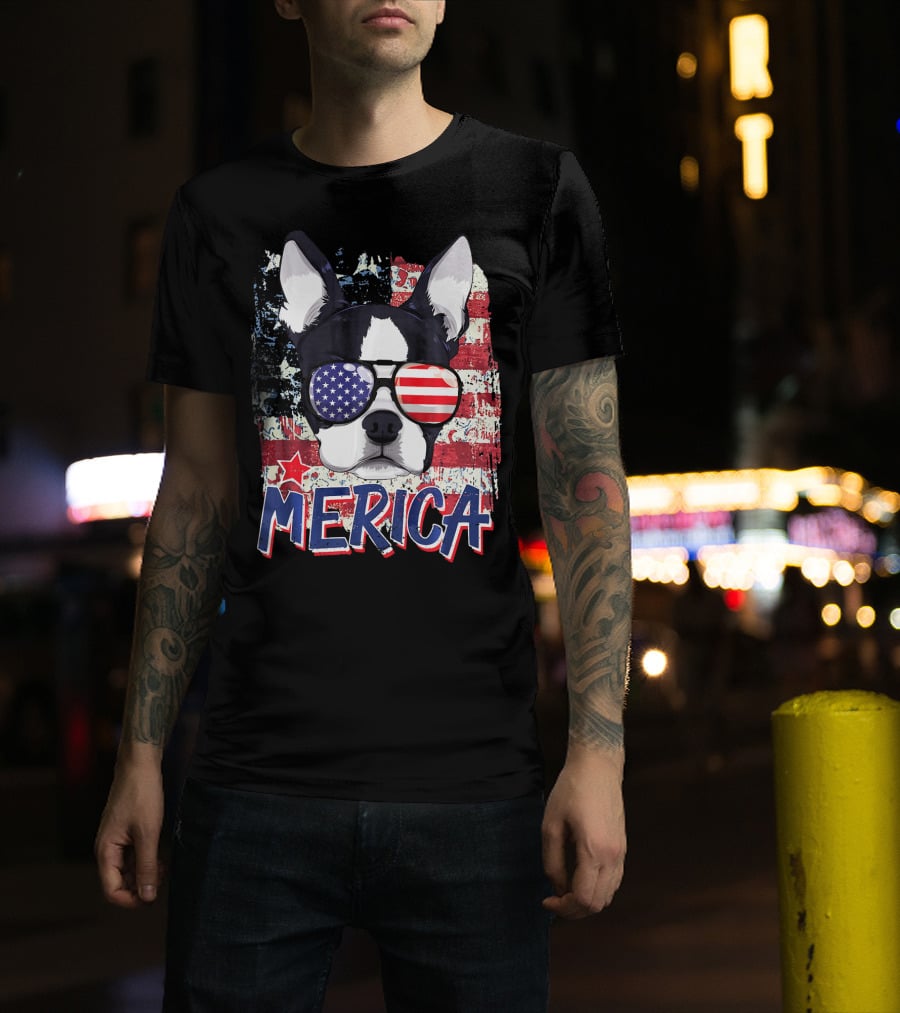 Merica Boston Terrier American Flag Sunglasses T-Shirt