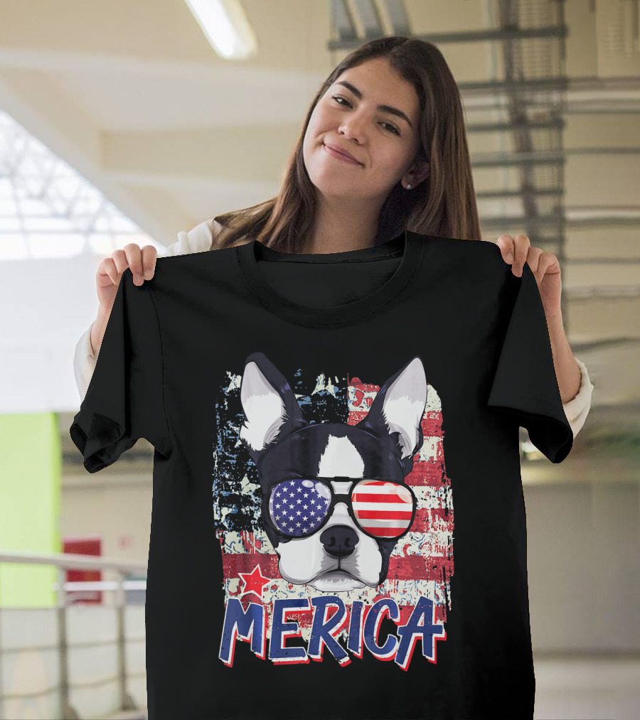 Merica Boston Terrier American Flag Sunglasses T-Shirt