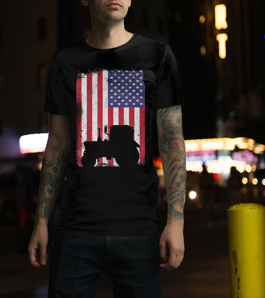 Tractor Silhouette Against Distressed American Flag Patriotic T-Shirt