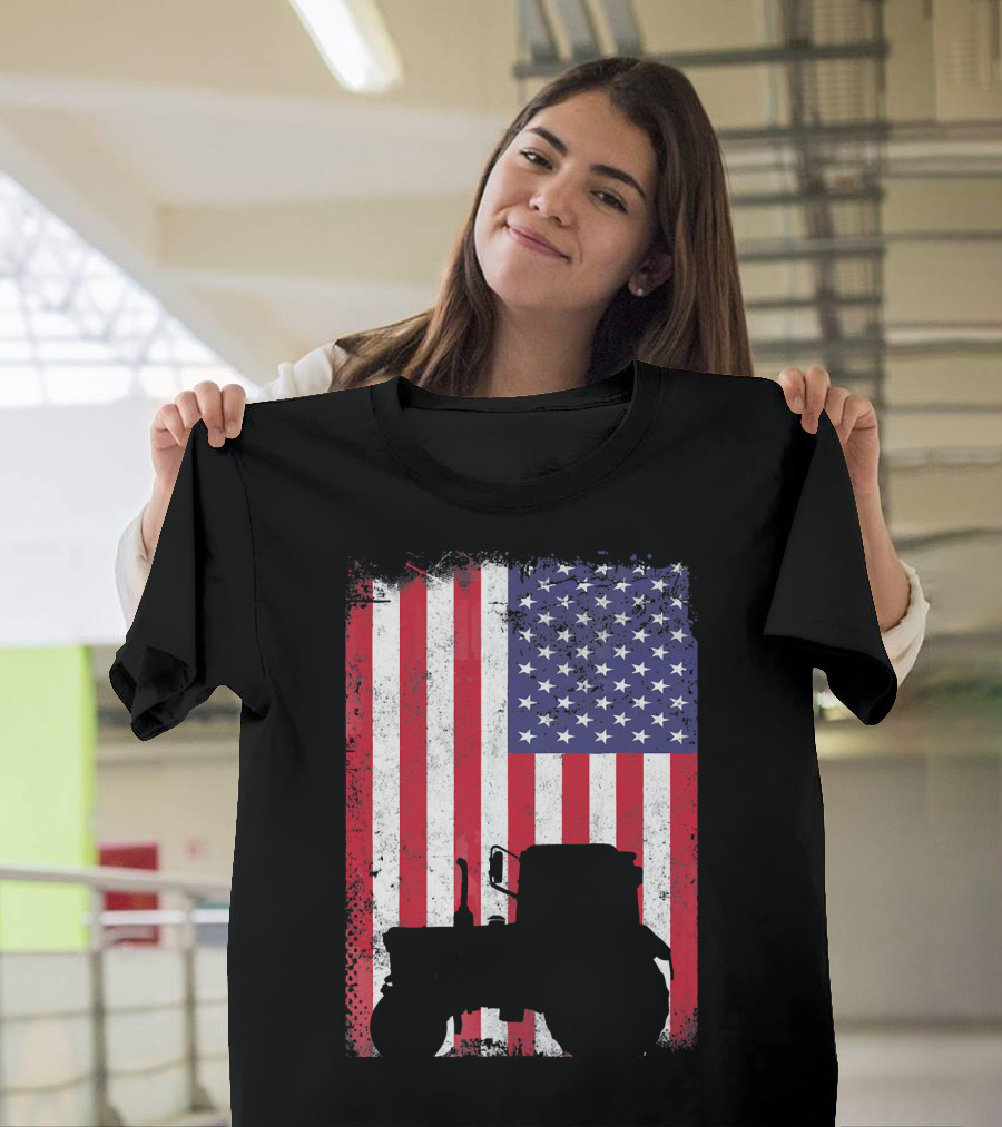Tractor Silhouette Against Distressed American Flag Patriotic T-Shirt