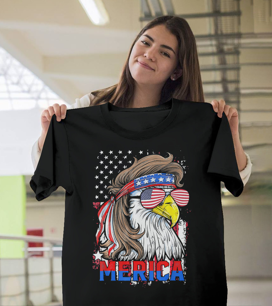 MERICA 4th of July Bald Eagle with Mullet and American Flag Glasses T-Shirt