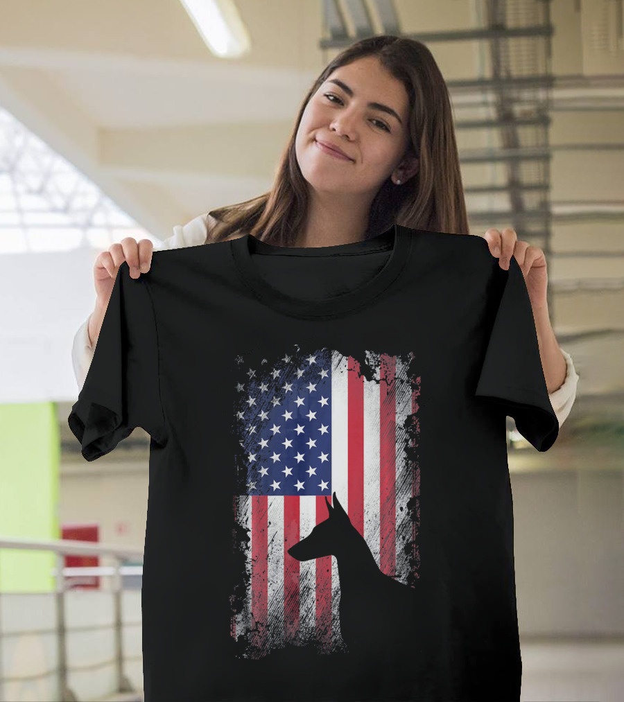 Doberman Pinscher Silhouette With American Flag Background T-Shirt