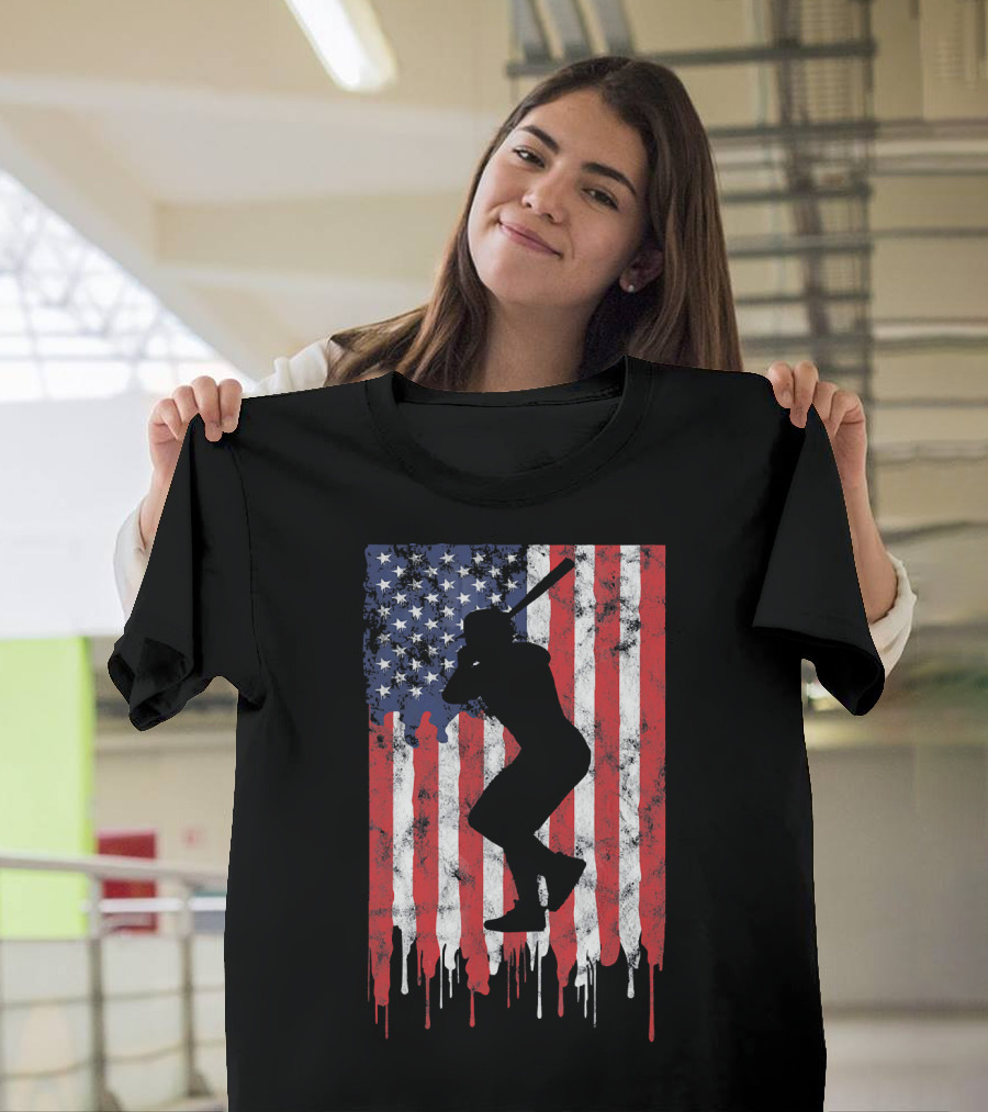 Vintage Baseball Batter Silhouette On Dripping American Flag Background T-Shirt
