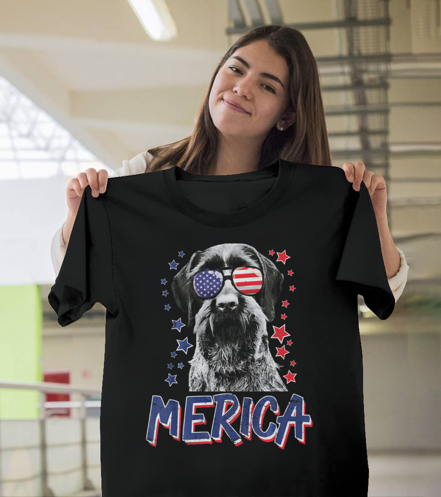 Merica German Wirehaired Pointer Dog with American Flag Sunglasses and Stars T-Shirt
