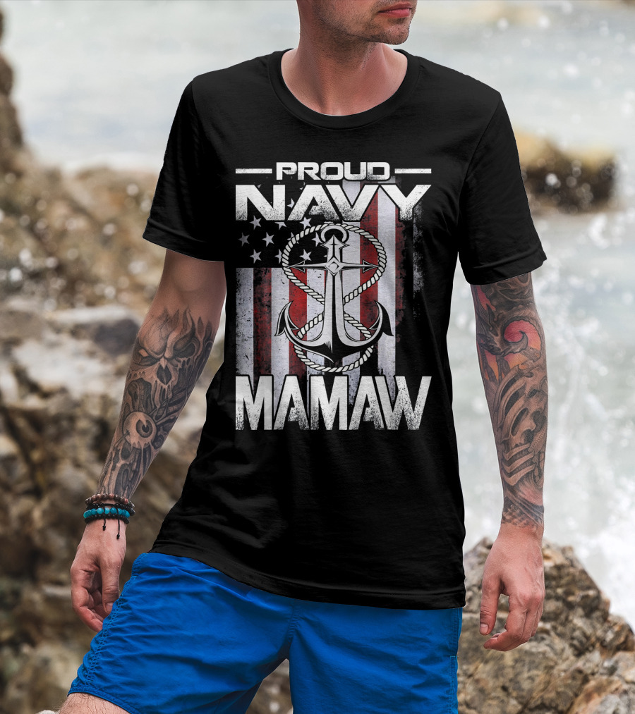 Proud Navy Mamaw USA Patriotic Anchor And Flag T-Shirt