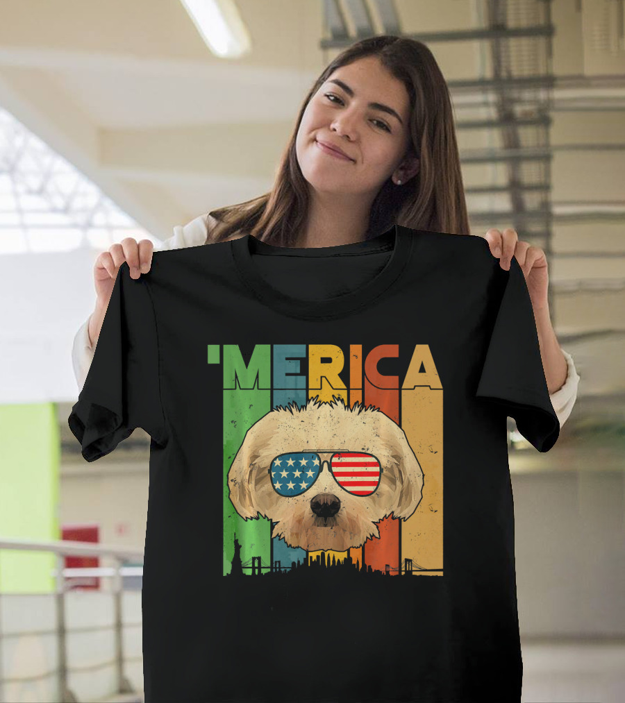 Maltese with American Flag Sunglasses and Merica July 4th Retro Skyline T-Shirt