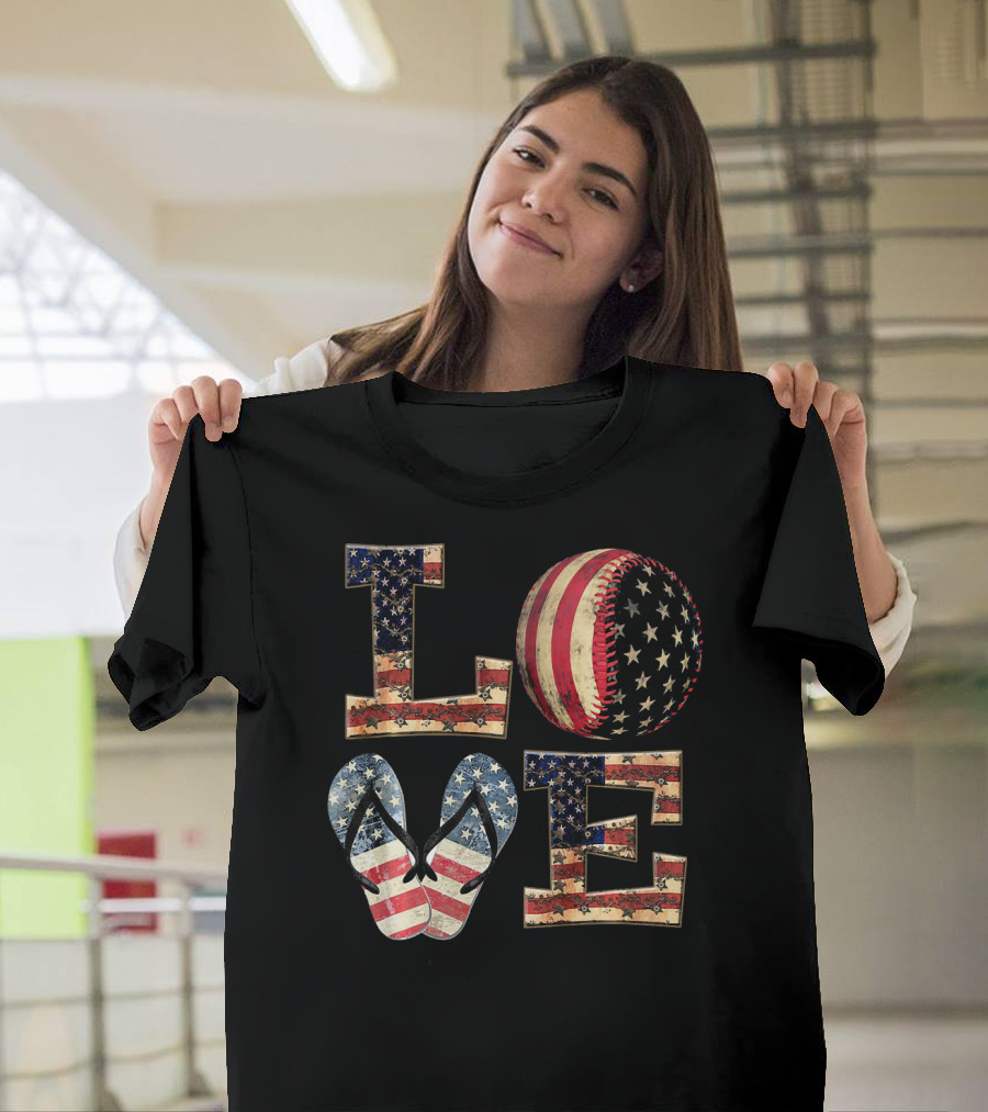 LOVE USA Baseball Softball Flip Flops T-Shirt