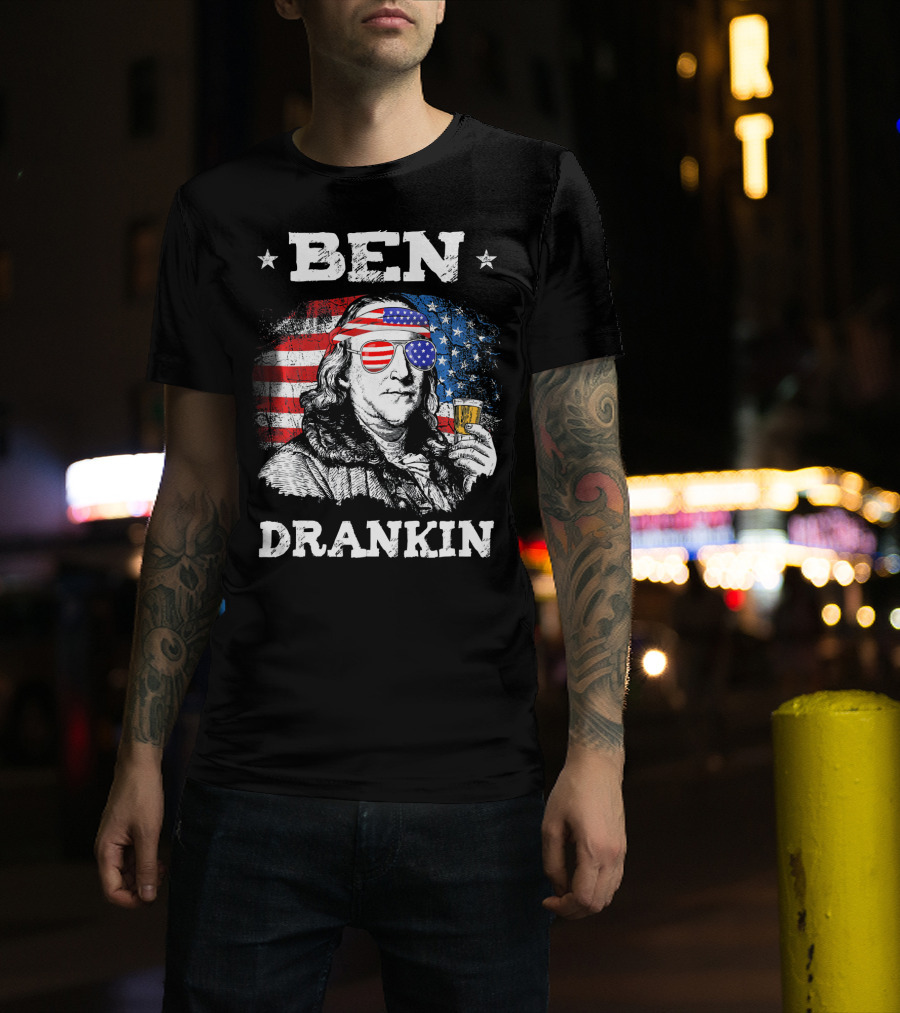 Ben Drankin Benjamin Franklin With American Flag Bandana And Sunglasses T-Shirt