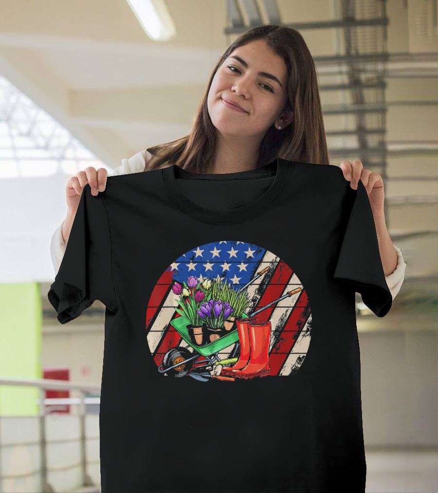 Vintage American Flag Gardening Scene With Wheelbarrow and Red Boots T-Shirt