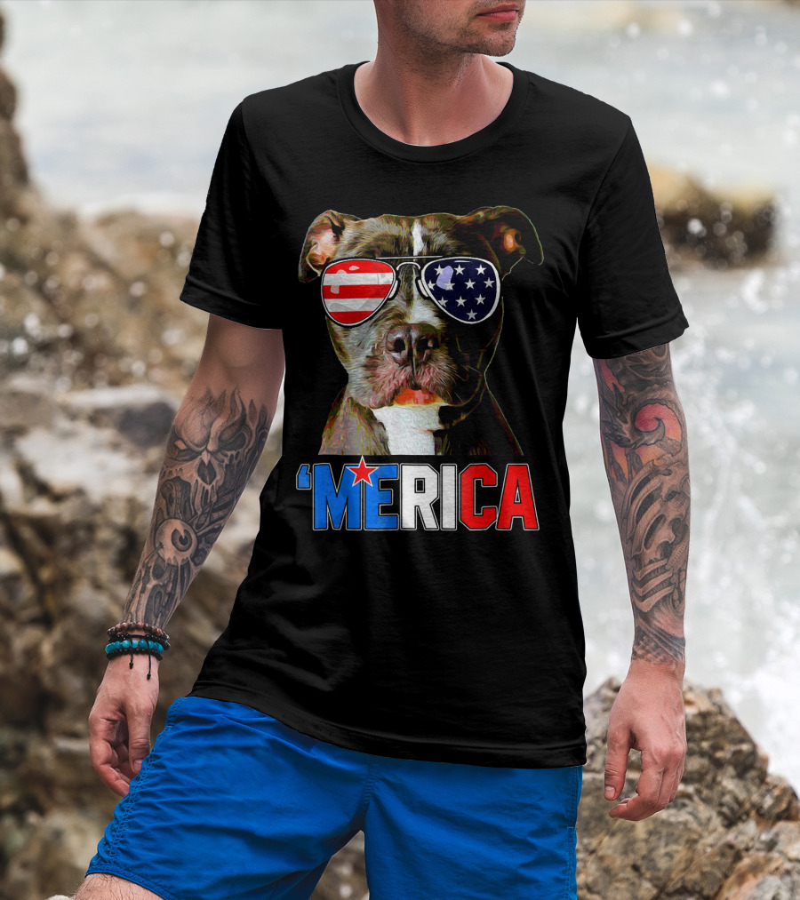 Pitbull 'Merica Memorial Day Patriotic USA Sunglasses T-Shirt