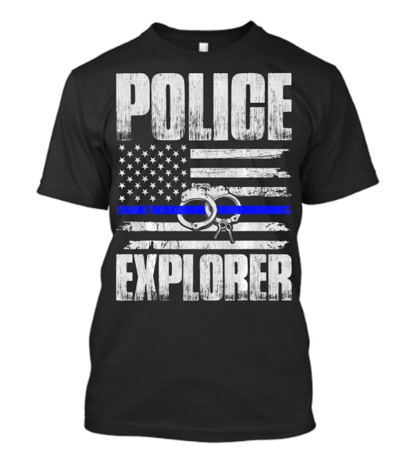Police Explorer American Flag Handcuffs Thin Blue Line T-Shirt
