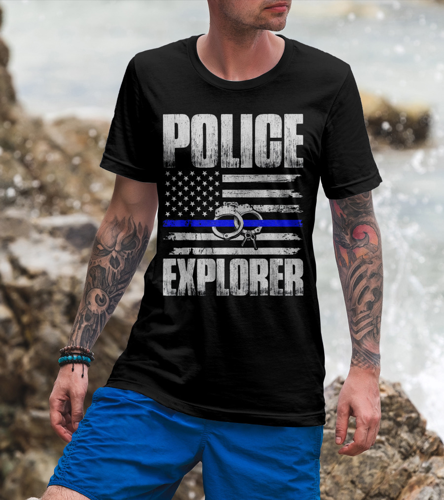 Police Explorer American Flag Handcuffs Thin Blue Line T-Shirt