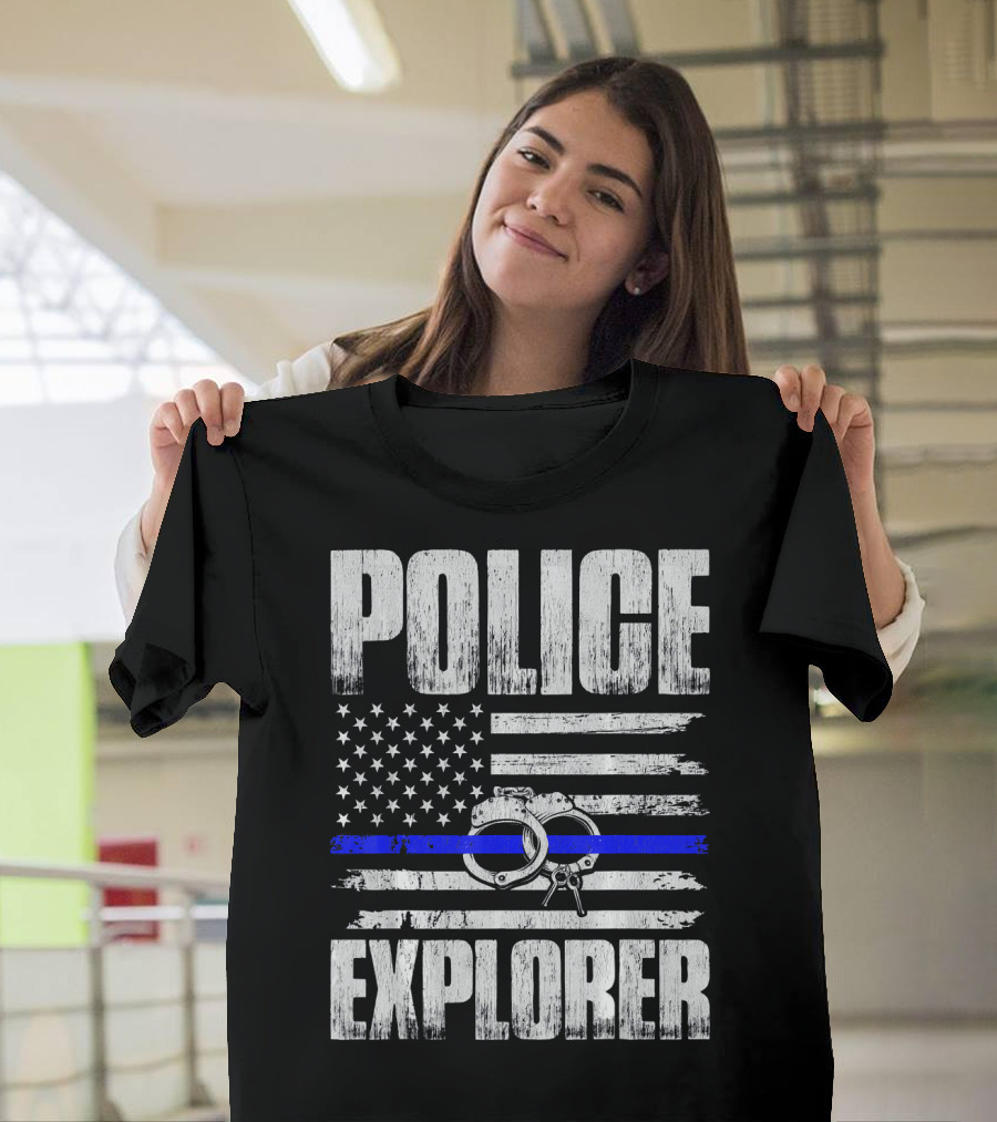 Police Explorer American Flag Handcuffs Thin Blue Line T-Shirt