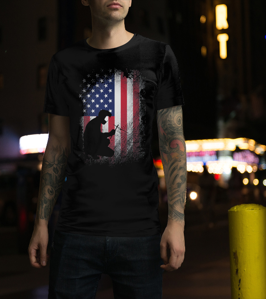 Welder Silhouette With American Flag USA Patriotic T-Shirt