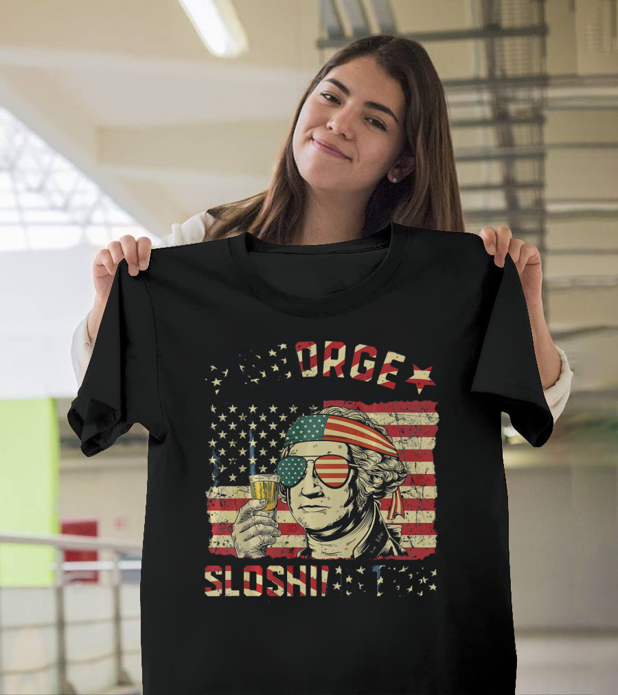 George Sloshington American Flag Aviator With Beer And Headband T-Shirt