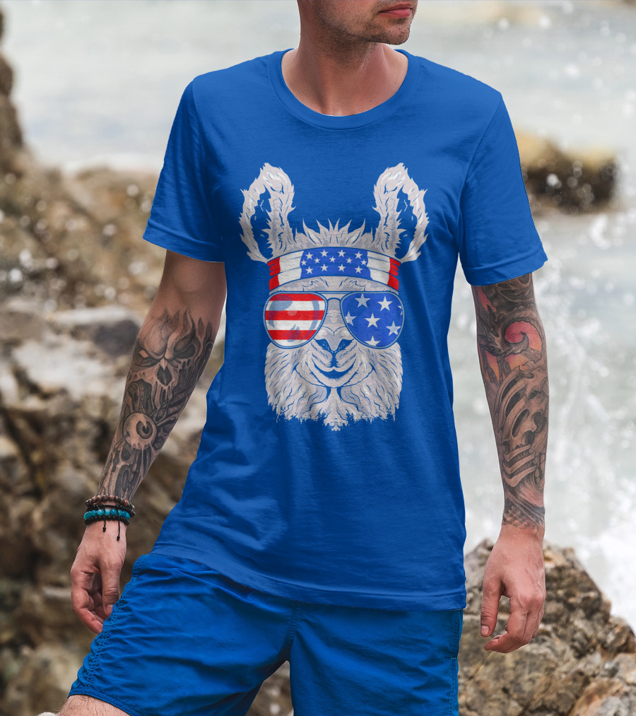Patriotic Llama With American Flag Sunglasses And Headband For USA Independence Day T-Shirt