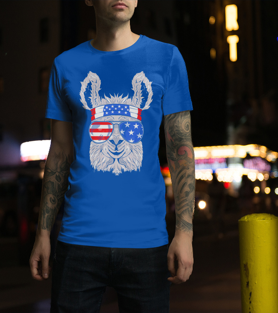 Patriotic Llama With American Flag Sunglasses And Headband For USA Independence Day T-Shirt