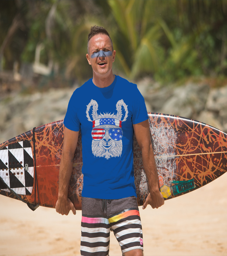 Patriotic Llama With American Flag Sunglasses And Headband For USA Independence Day T-Shirt