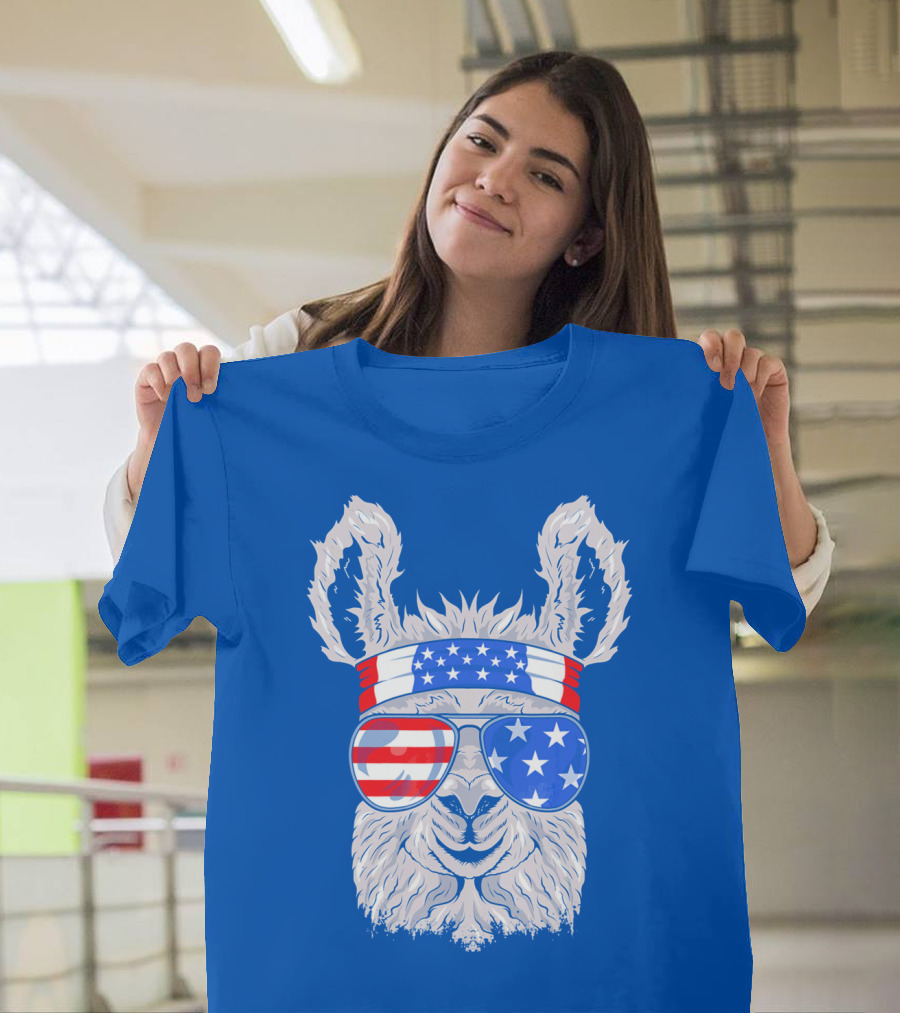 Patriotic Llama with American Flag Sunglasses and Headband for USA Independence Day T-Shirt