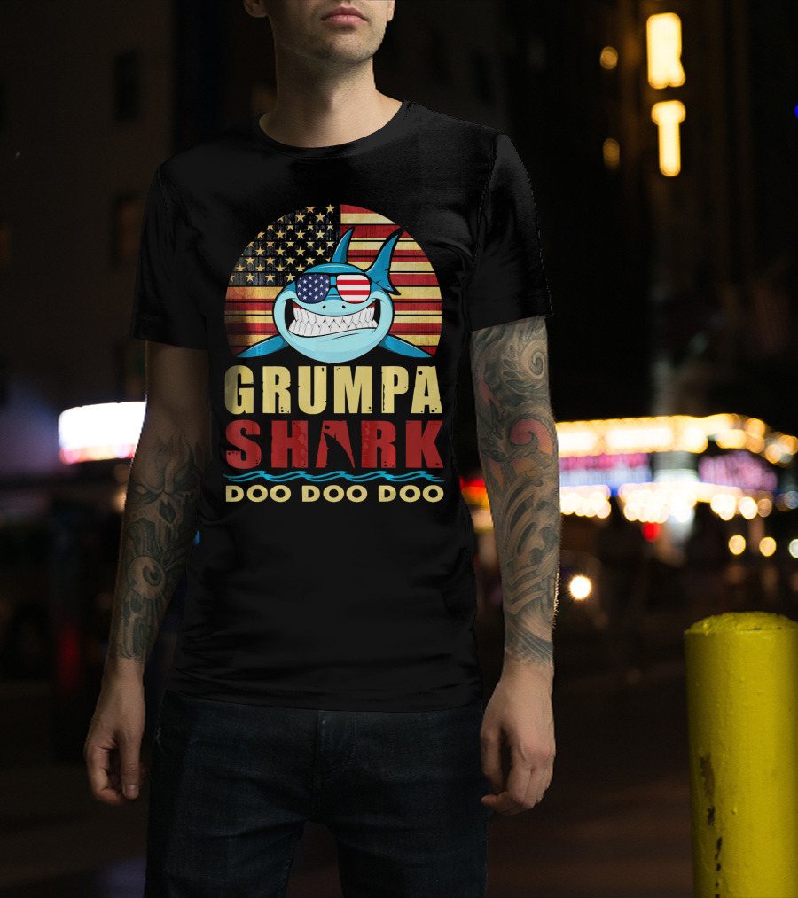 Grumpa Shark Doo Doo Doo American Flag T-Shirt