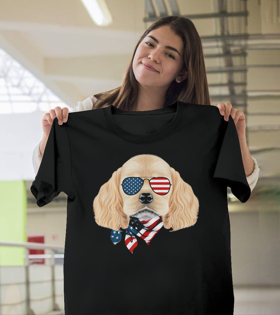 Cocker Spaniel Wearing American Flag Sunglasses and Bandana Patriotic T-Shirt