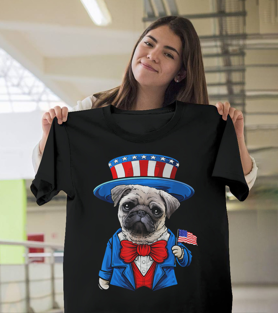 Uncle Sam Pug Holding American Flag Fourth Of July Dog Humor T-Shirt