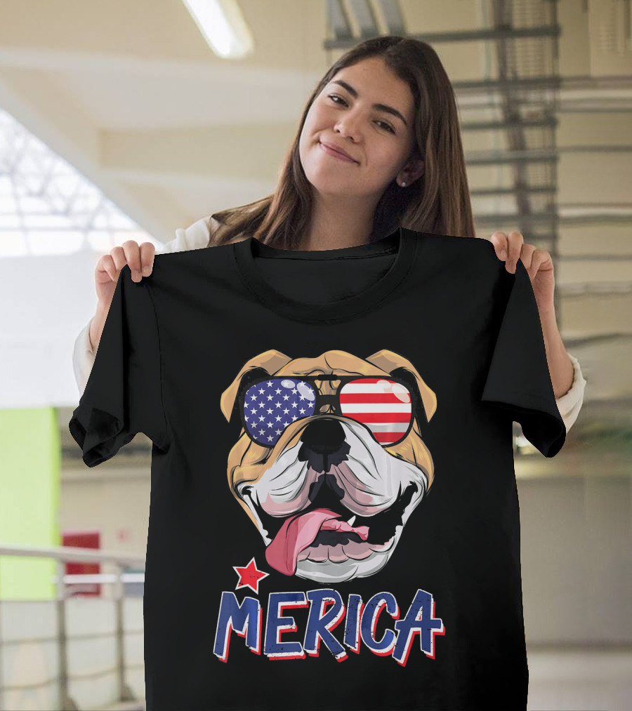 English Bulldog Merica Sunglasses Fourth Of July T-Shirt