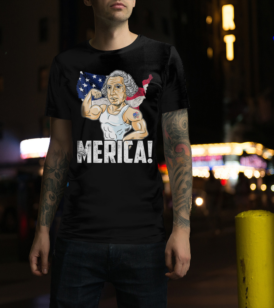 George Washington Muscles Merica USA Flag Background T-Shirt