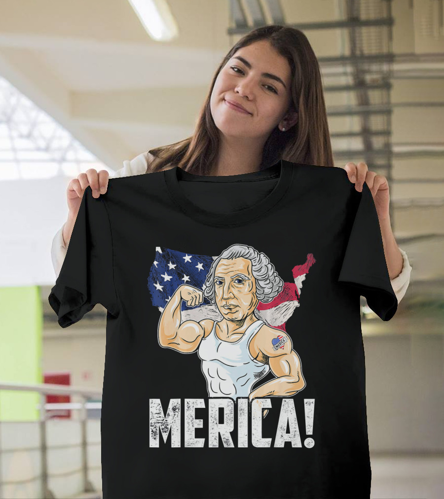George Washington Muscles Merica USA Flag Background T-Shirt