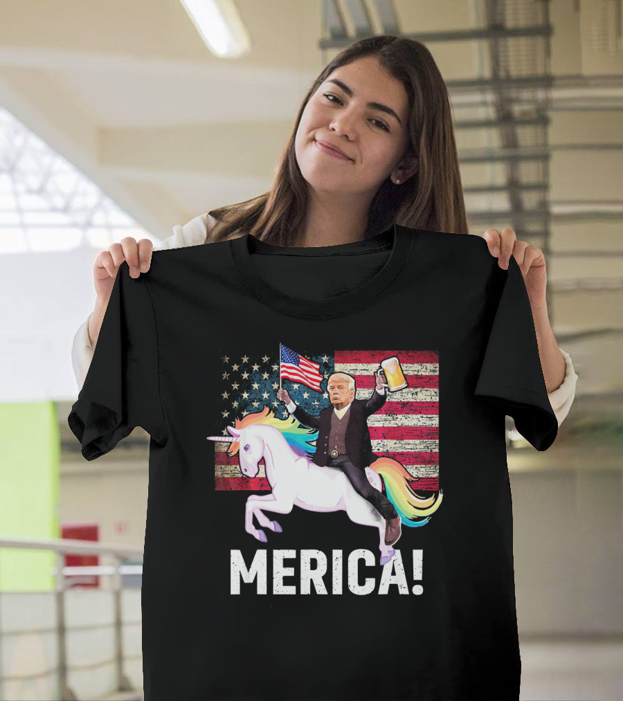 Trump Riding Unicorn American Flag Merica 4th of July T-Shirt