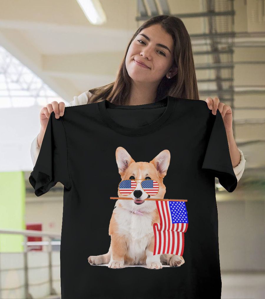 Funny Corgi with American Flag and USA Sunglasses for 4th of July T-Shirt