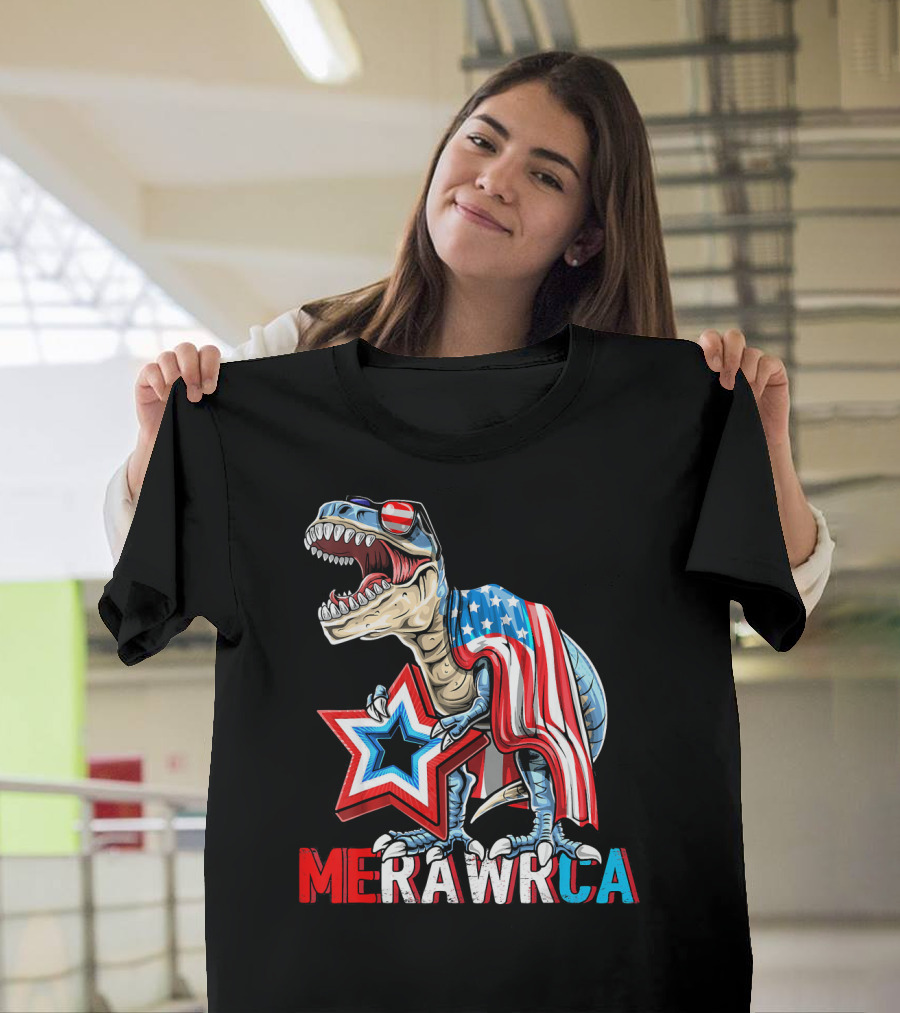 MERICA Rex Dinosaur 4th of July Americ USA Flag Star Stripes RAWR Patriotic T-Shirt