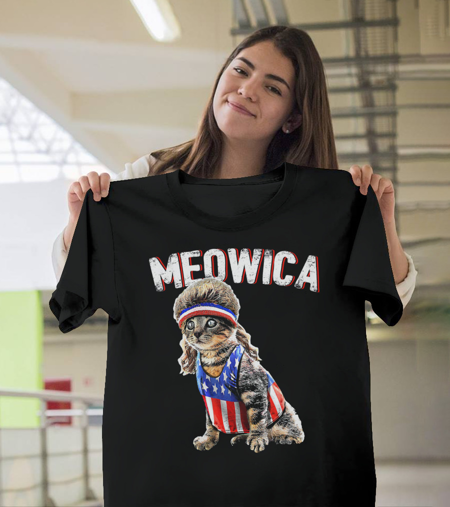 Meowica Cat Mullet American Flag Headband Stars and Stripes Tank Top T-Shirt