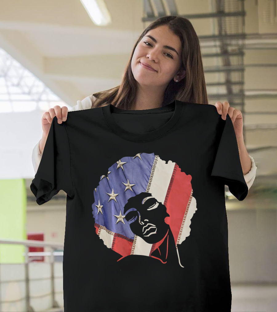 Black Girl Melanin Afro With US Flag T-Shirt