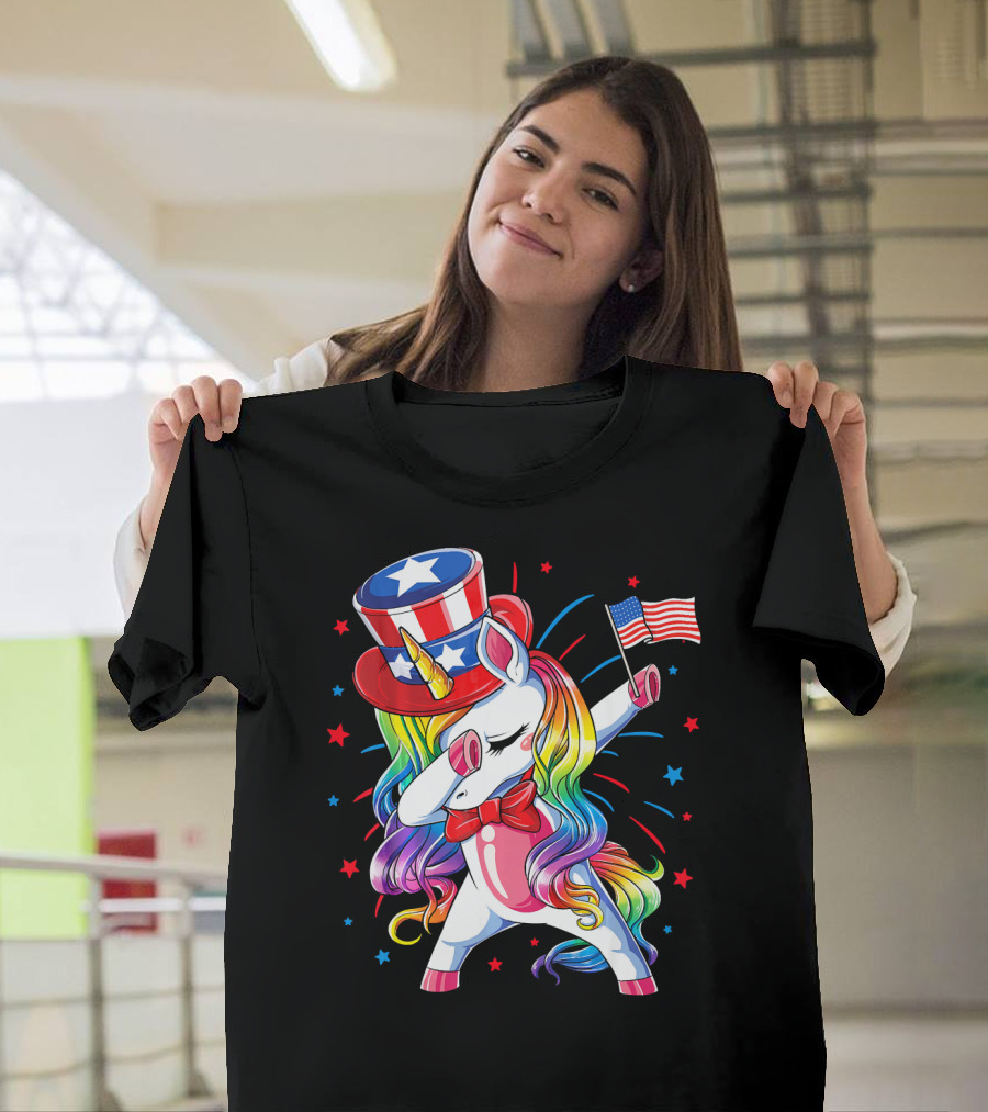 4th of July Dabbing Unicorn with Patriotic Hat and Flag T-Shirt