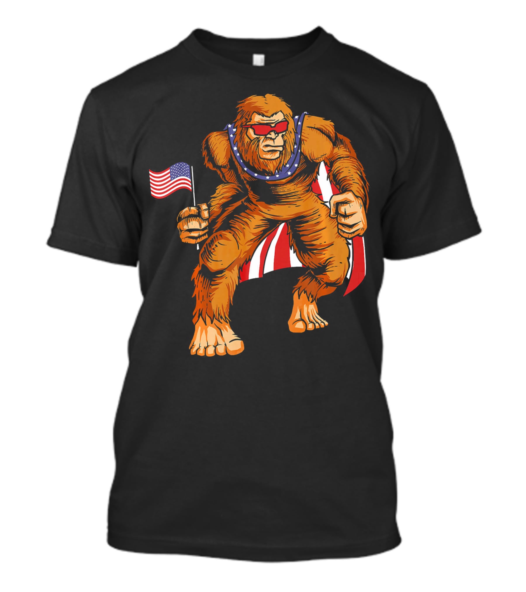 Bigfoot Patriotic American Flag Sunglasses Flag-Waving Stance T-Shirt