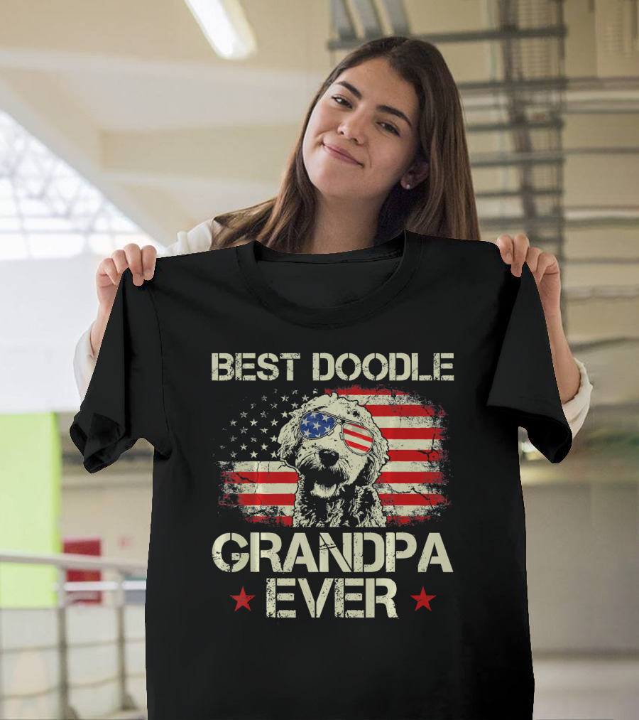 Best Doodle Grandpa Ever USA Flag Sunglasses Dog T-Shirt