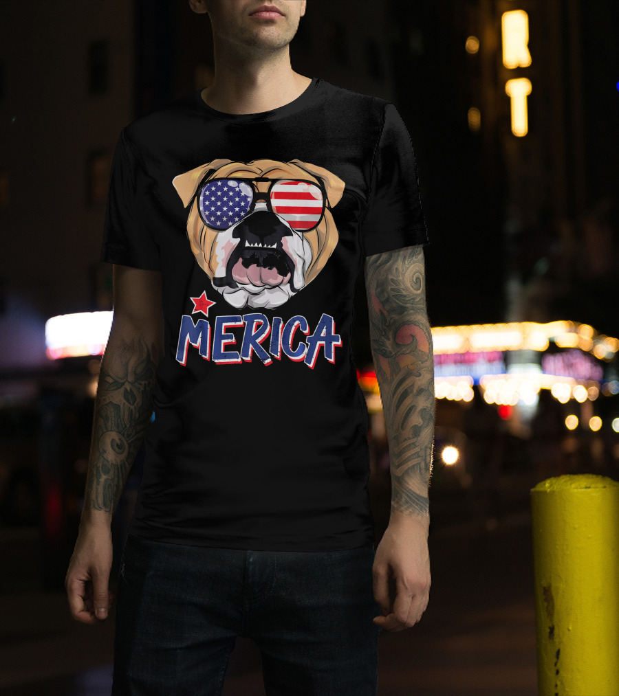 English Bulldog Sunglass Merica American Flag T-Shirt