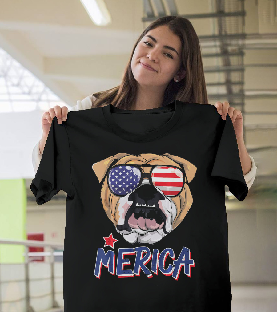 English Bulldog Sunglass Merica American Flag T-Shirt
