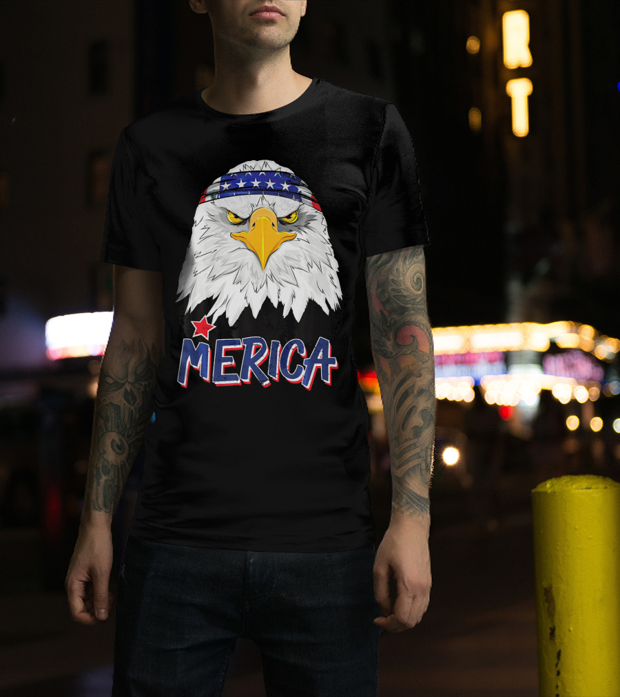 Merica Patriotic American Bald Eagle With Star-Spangled Headband T-Shirt