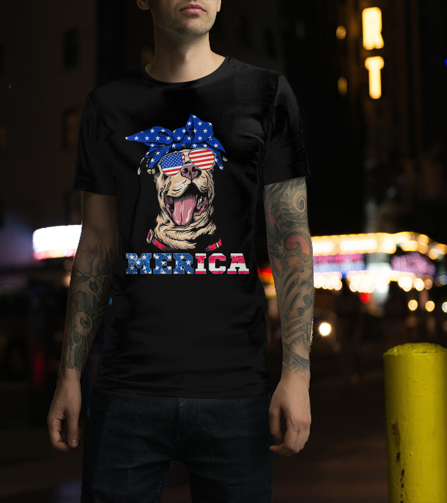 Merica American Flag Pitbull Wearing Bandana And Sunglasses T-Shirt