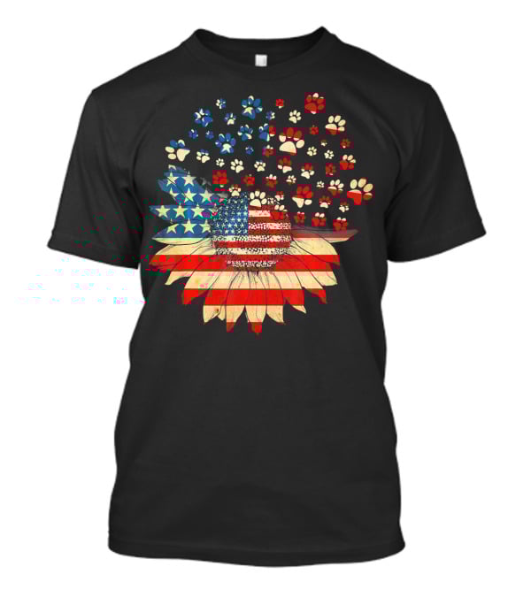 American Flag Sunflower With Dog Paw T-Shirt