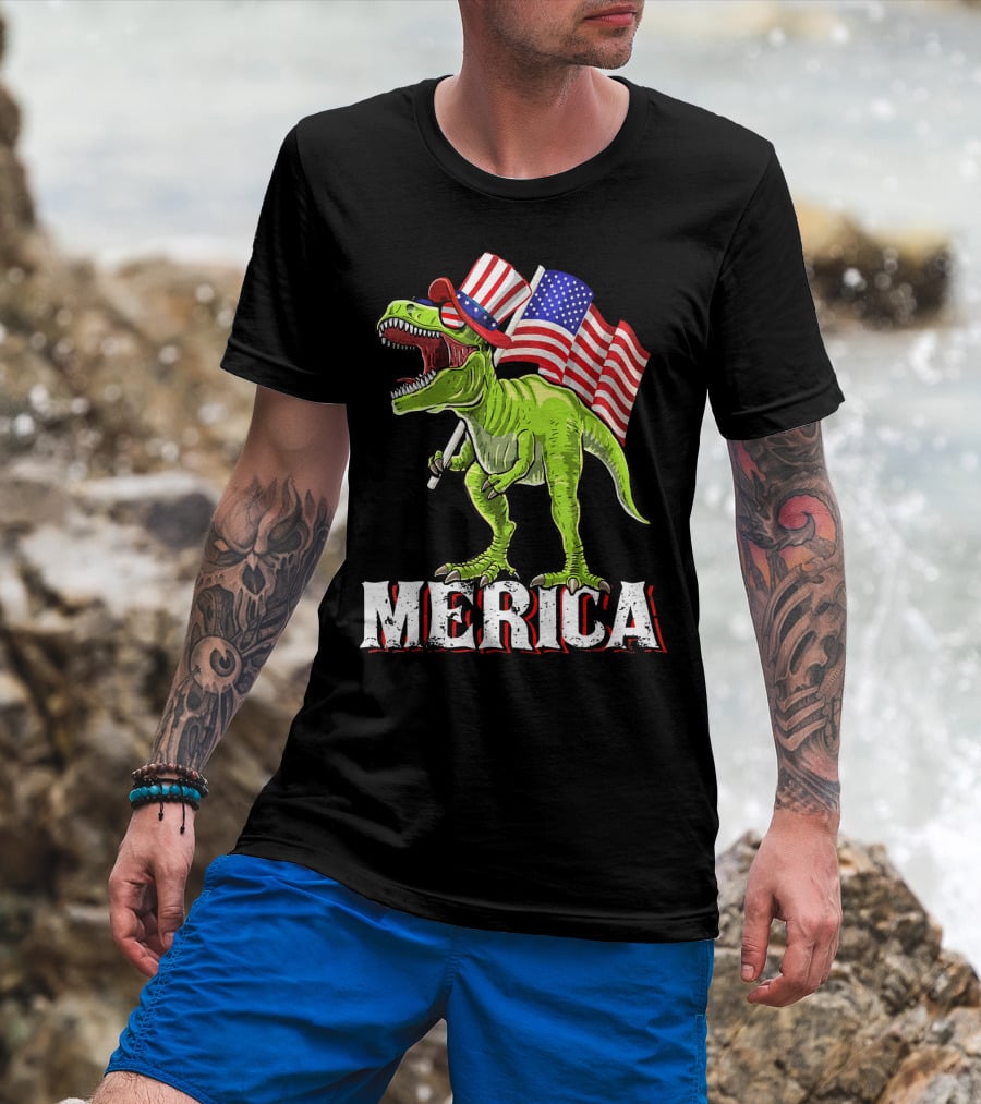 'Merica Patriotic Rex Dinosaur With American Flags And Hat T-Shirt