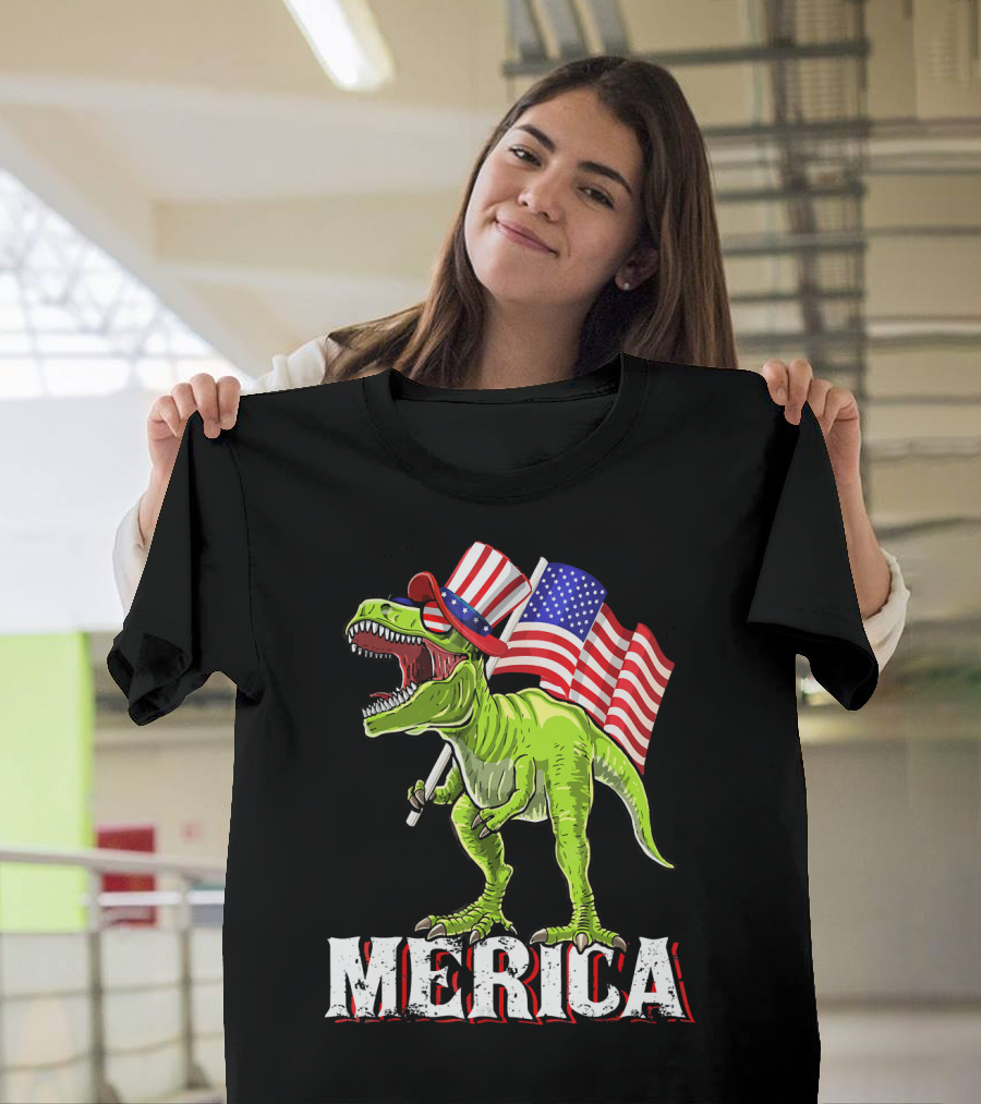 'Merica Patriotic Rex Dinosaur With American Flags And Hat T-Shirt