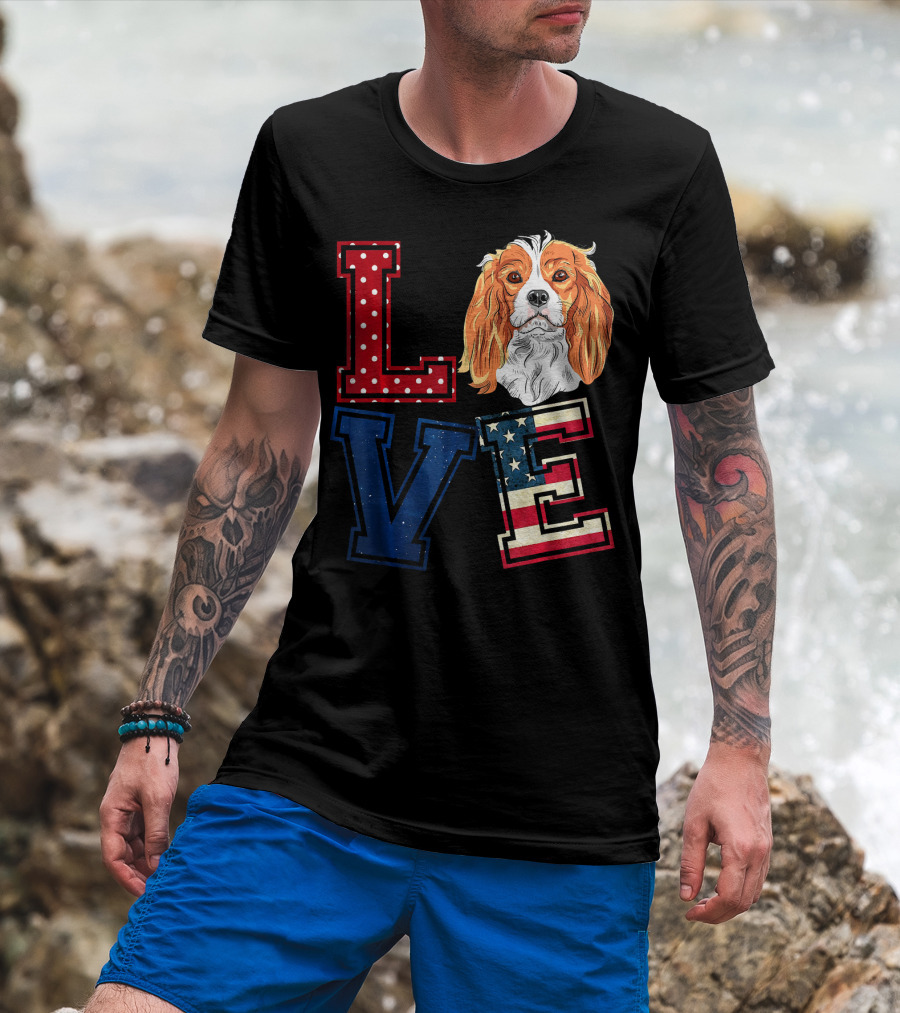 LOVE Cavalier King Charles Spaniel American Flag Face T-Shirt