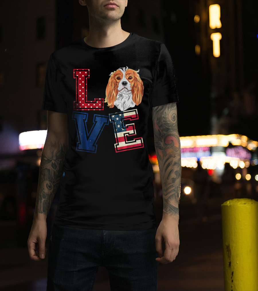 LOVE Cavalier King Charles Spaniel American Flag Face T-Shirt