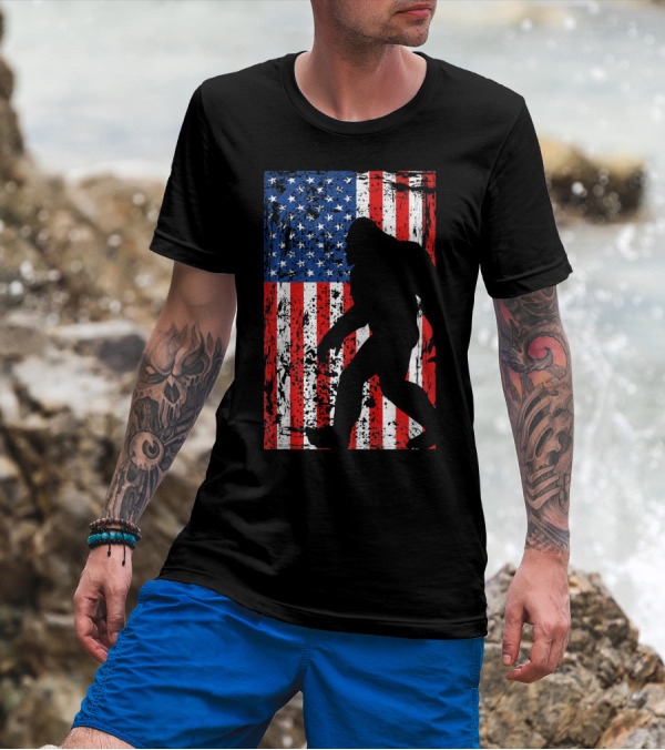 Bigfoot Silhouette With USA Flag For 4th Of July T-Shirt