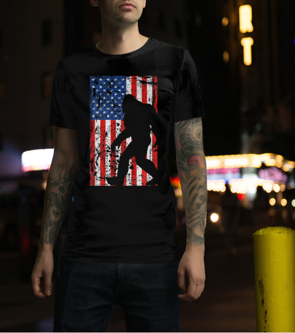 Bigfoot Silhouette With USA Flag For 4th Of July T-Shirt