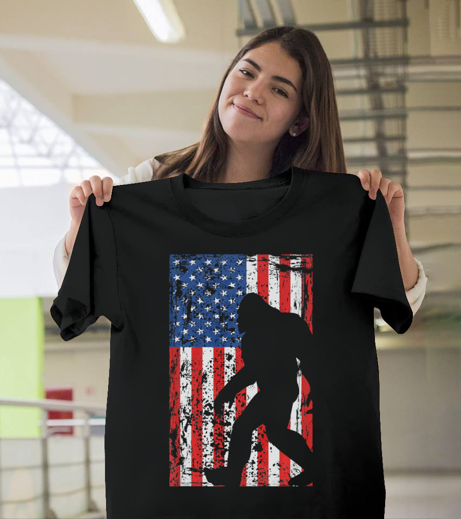 Bigfoot Silhouette with USA Flag for 4th of July T-Shirt