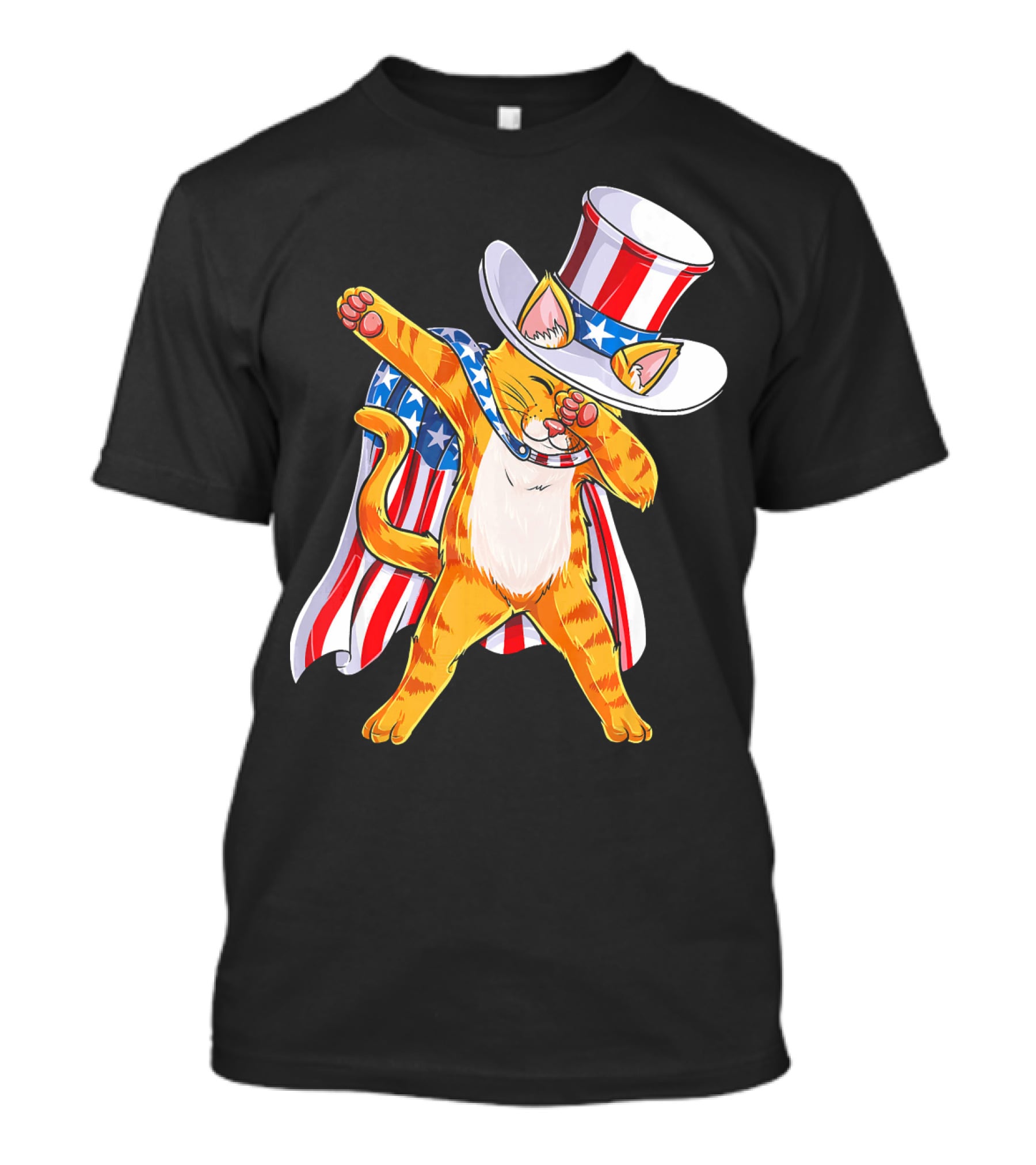 Meowica Cat Dabbing In Uncle Sam Hat And American Flag Cape T-Shirt